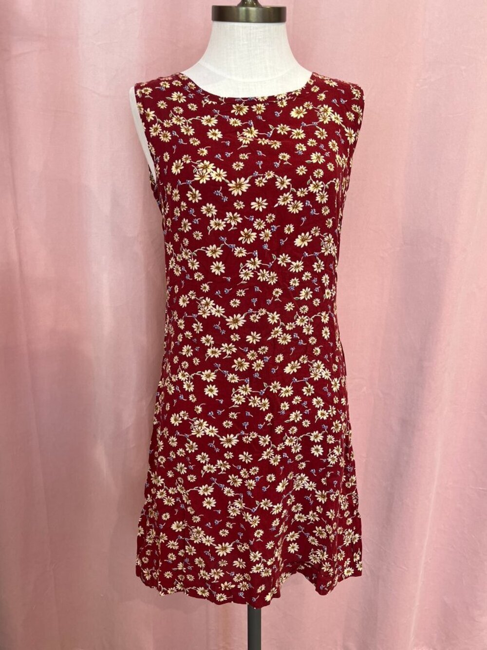 Vintage Point Zero Daisy Print Shift Dress Burgundy 90s Floral Sleeveless Size S
